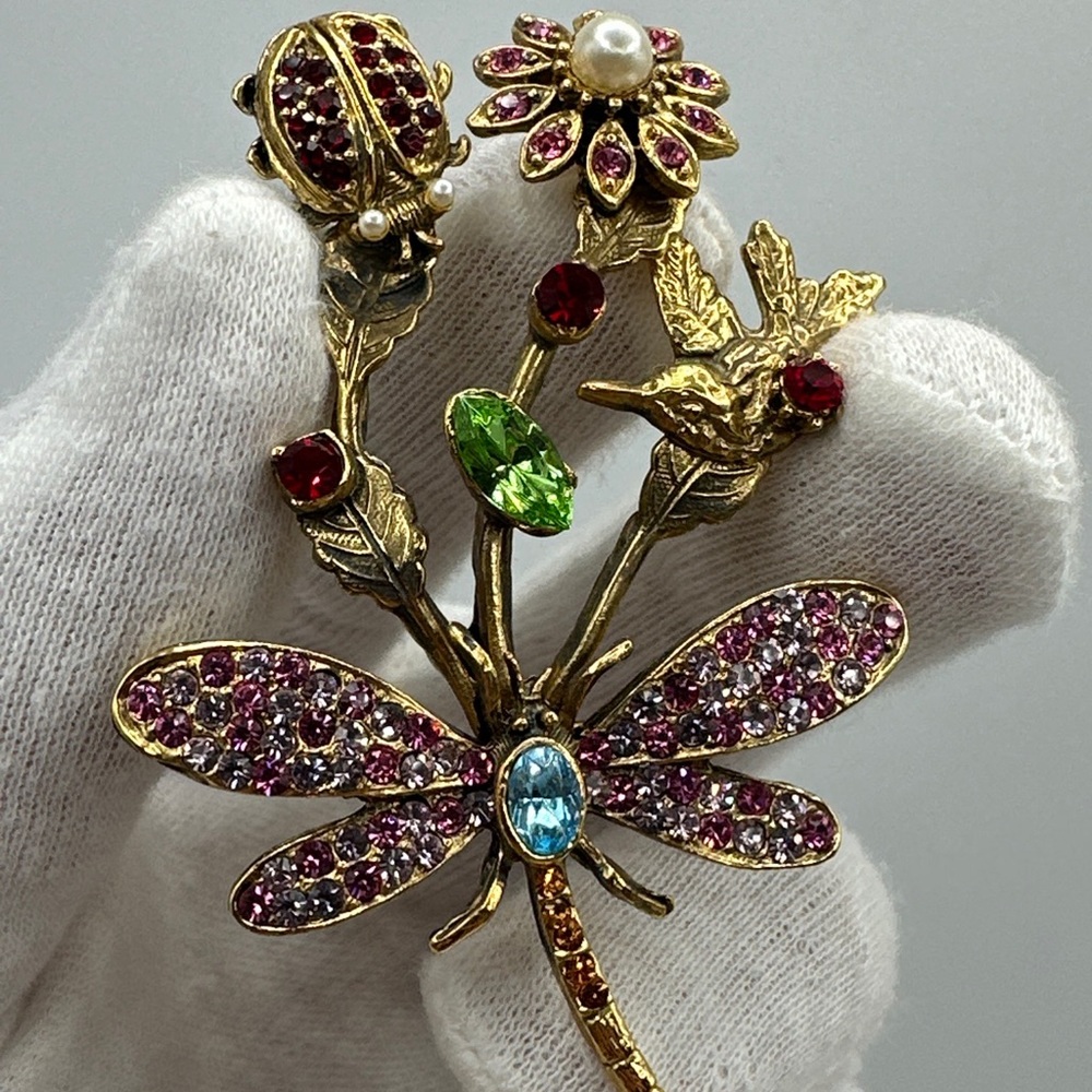 Rare Vintage Graziano Multicolor Rhinestone Dragonfly Bug Flower Bird Brooch#456